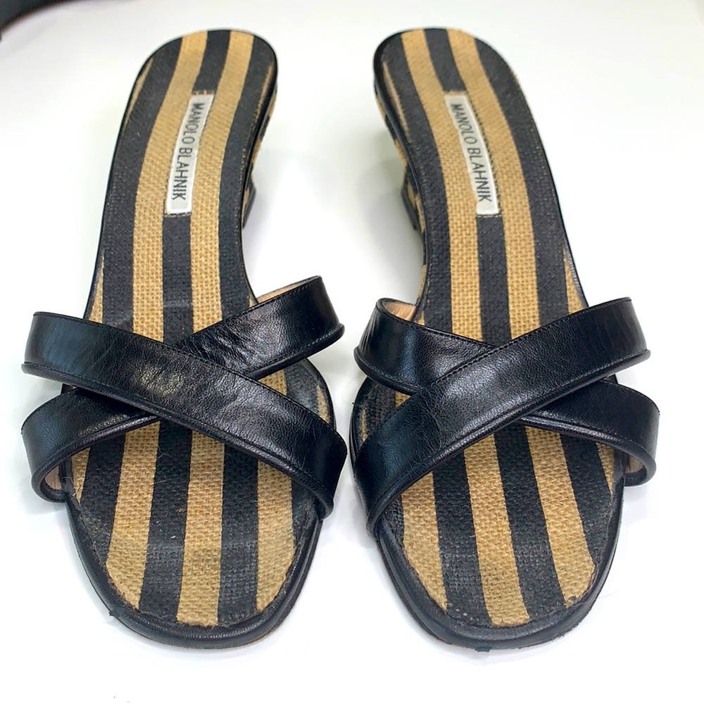 Manolo Blahnik Black and Tan Wedges